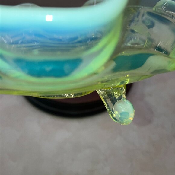 Vintage Fenton Vaseline Glass Green Wave Bowl 3 Toed Pedestal Amazing Glow 1930s - Picture 8 of 15